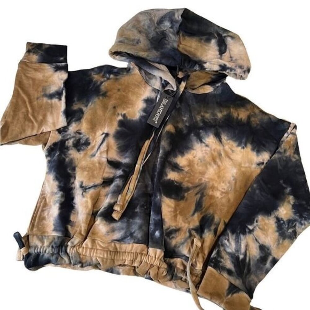 Blank NYC Blue and Brown Tie Dye Drawstring Hoodie Pullover Size M NWT
